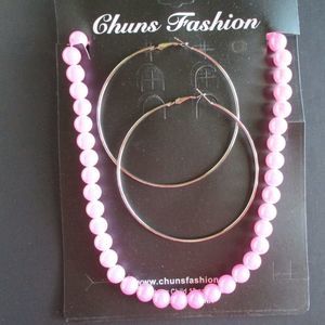 CHUNS Fashion Pink Bead Necklace & Hoop Earrings